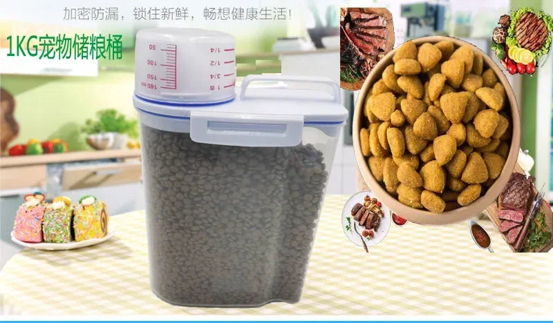 Pets Food Pail Plastic Storage Tank with Measuring Cup Container