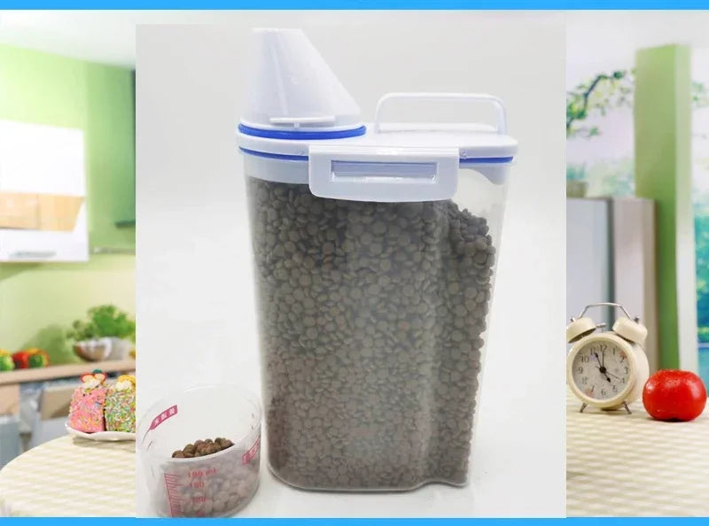 Pets Food Pail Plastic Storage Tank with Measuring Cup Container